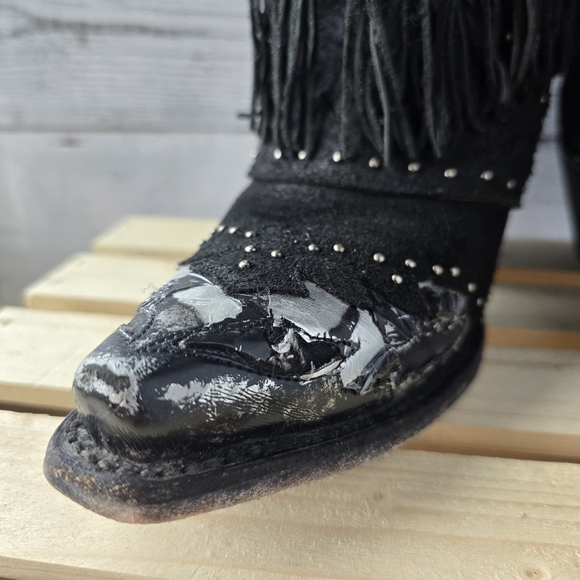 Dan Post Mid Calf Suede Leather Fringe Western Black Boots Size 6 - Picture 7 of 16